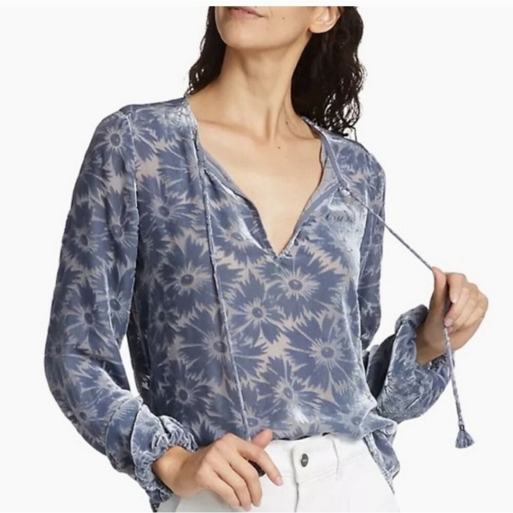PAIGE Blue Floral Tie-Neck Blouse